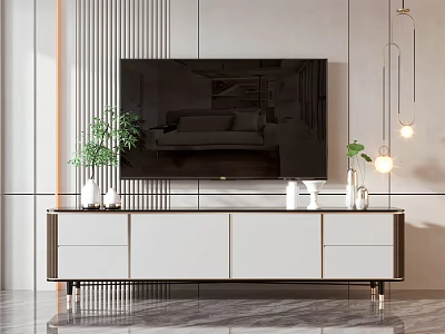 Modern TV Stand with Large Screen TV Potted Plants and Decorative Items 3d model
