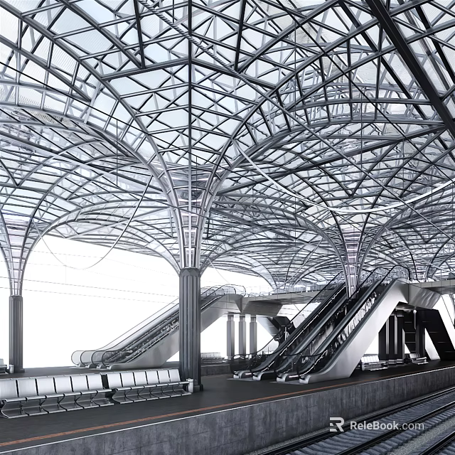 Modern Station Interior Design With Glass Roof Steel Structure Escalators And Stairs 3d model 