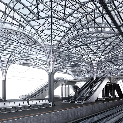 Modern Station Interior Design With Glass Roof Steel Structure Escalators And Stairs 3d model