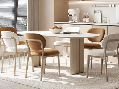Modern Round Wooden Dining Table Set With White Brown Chairs Near Window And Cabinets 3d model