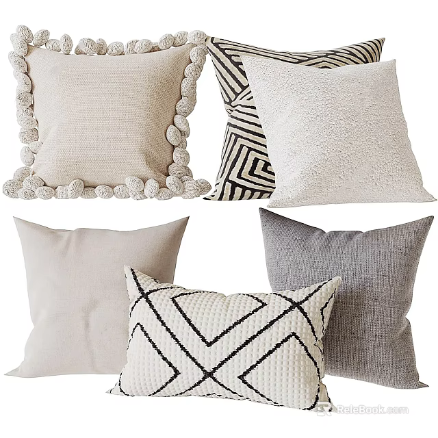 Stylish Decorative Pillows With Neutral Tones Geometric Patterns Pom Pom Trim And Textured Fabrics 3d model 