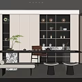 Chinese Minimalist Tea Room Interior Design With Wooden Furniture Tea Sets Bookshelves And Green Plants
