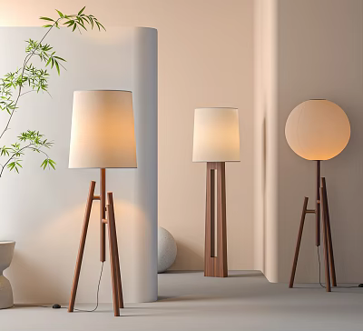 Modern Floor Lamps With Wooden Stands And Fabric Shades In Room 3d model