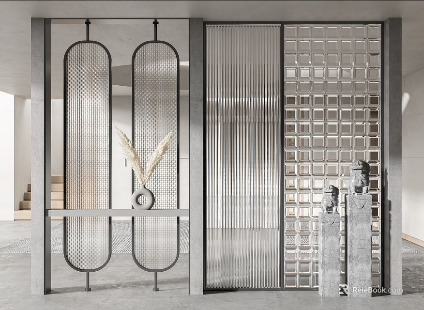 Modern Room Dividers with Glass Panels Metal Frames Grid Design and Vertical Slats 3d model 