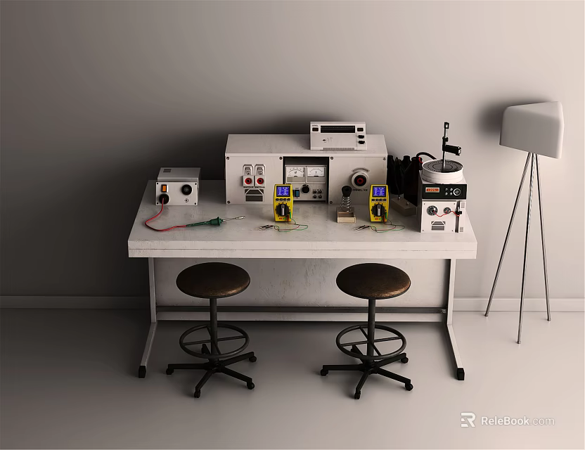 Hardware Tools Setup On White Table With Electronic Instruments Brown Stools And Floor Lamp 3d model 