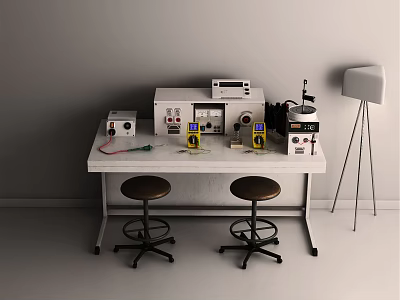 Hardware Tools Setup On White Table With Electronic Instruments Brown Stools And Floor Lamp 3d model