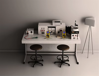 Hardware Tools Setup On White Table With Electronic Instruments Brown Stools And Floor Lamp 3d model