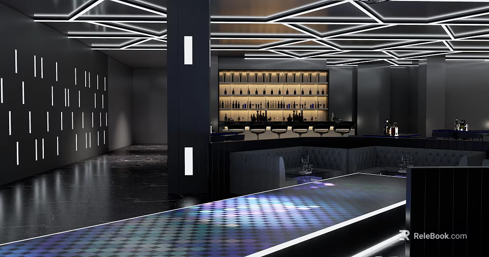 Modern Bar Interior Design With Geometric Ceiling Lights Stylish Counter And Wine Shelves 3d model 