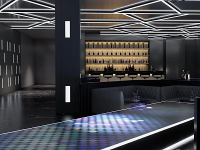 Modern Bar Interior Design With Geometric Ceiling Lights Stylish Counter And Wine Shelves 3d model