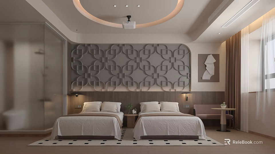 Modern Hotel Room Interior With Twin Beds Geometric Patterned Accent Wall And Circular Ceiling Light 3d model 