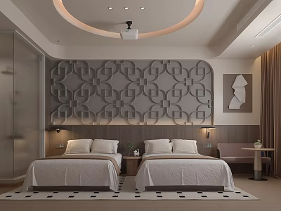 Modern Hotel Room Interior With Twin Beds Geometric Patterned Accent Wall And Circular Ceiling Light 3d model