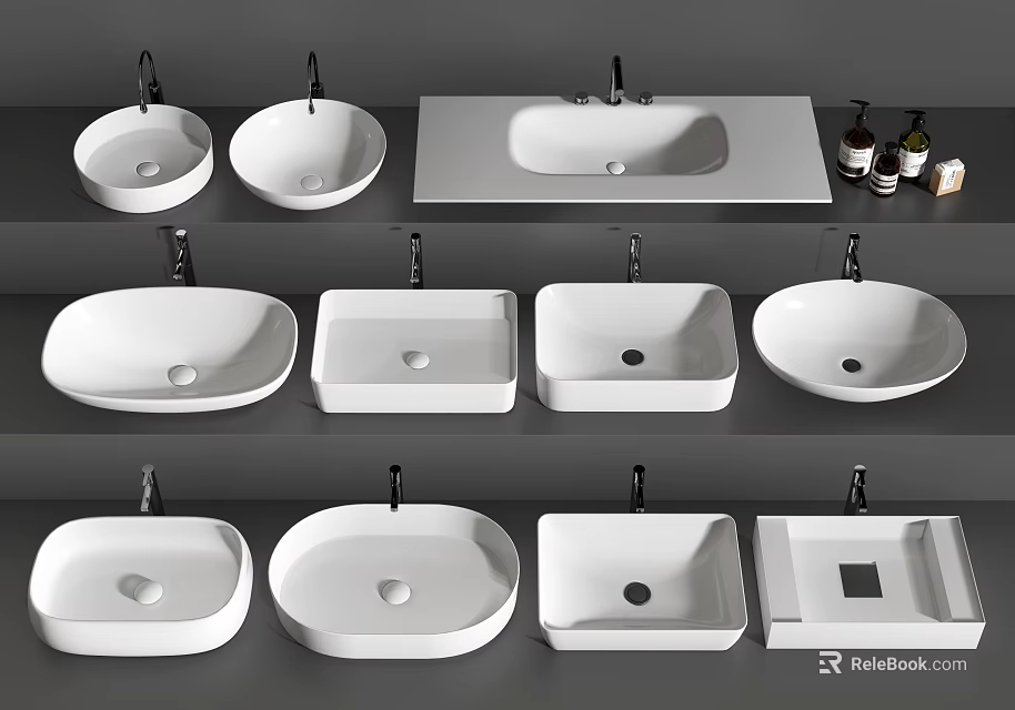 White Ceramic Washbasins With Various Shapes And Modern Design Styles 3d model
