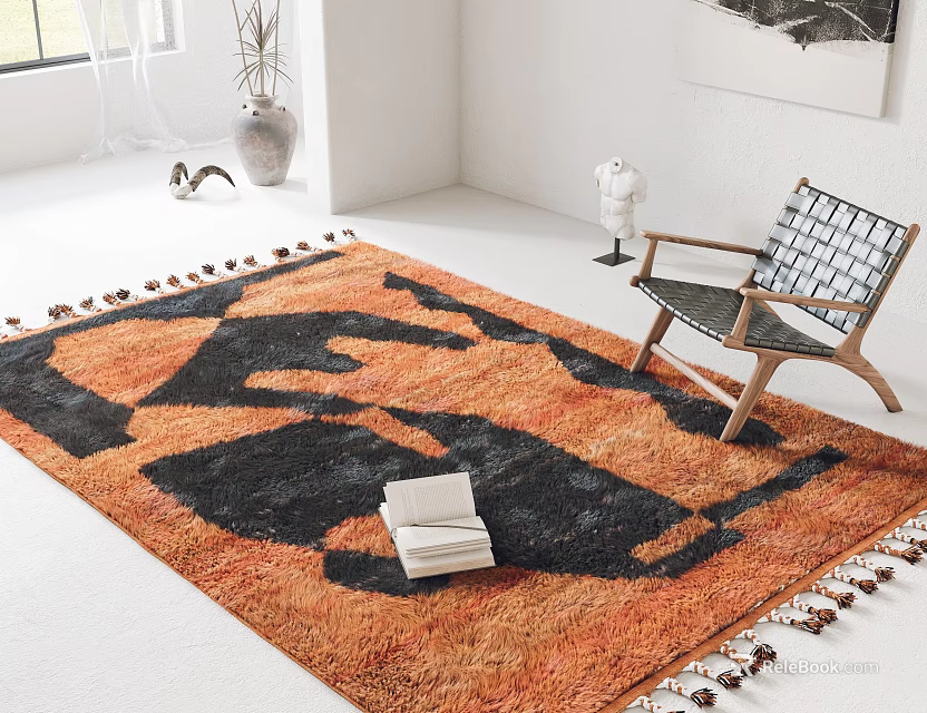 Orange And Black Patterned Square Rug With Tassels In Bright Room 3d model 