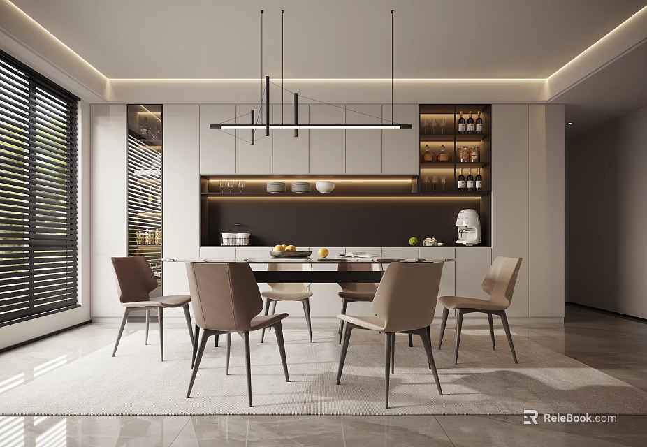 Modern Restaurant Interior Design With Dining Table Chairs Hanging Lights And Wine Rack Open Layout 3d model