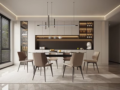Modern Restaurant Interior Design With Dining Table Chairs Hanging Lights And Wine Rack Open Layout 3d model
