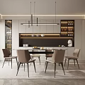 Modern Restaurant Interior Design With Dining Table Chairs Hanging Lights And Wine Rack Open Layout 3d model