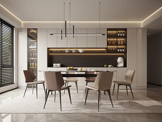 Modern Restaurant Dining Table and Chair Chandelier Wine Cabinet Sideboard 3d model