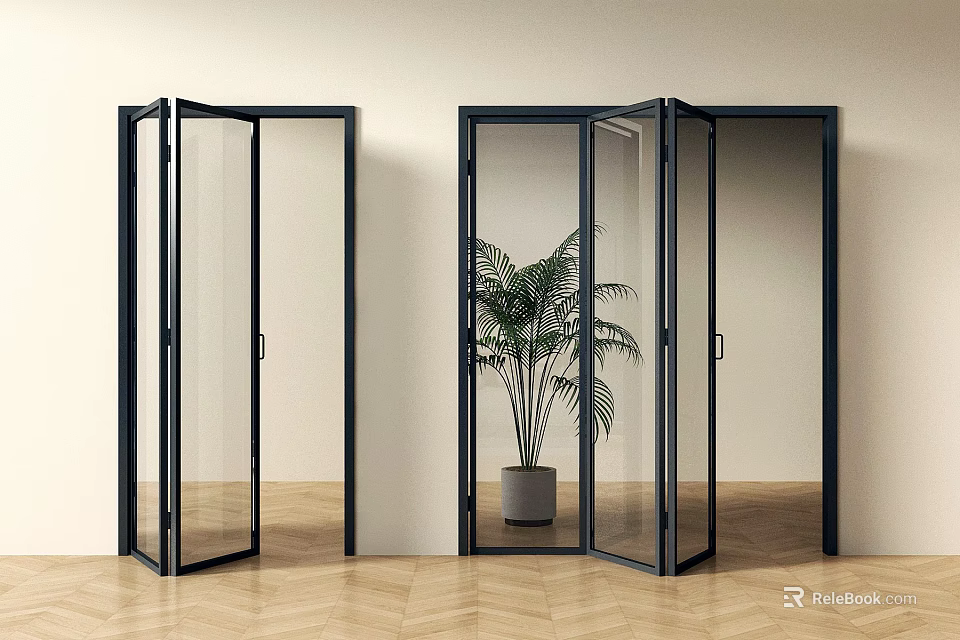 Modern Folding Doors With Black Frames Clear Glass And Green Plant In Interior 3d model 