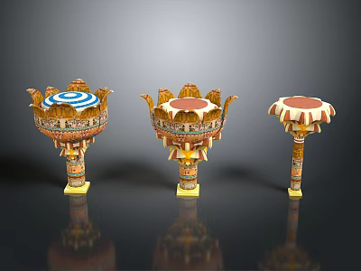 Three Ancient Decorative Weapons With Carved Bodies Different Top Patterns And Gold Red Accents 3d model