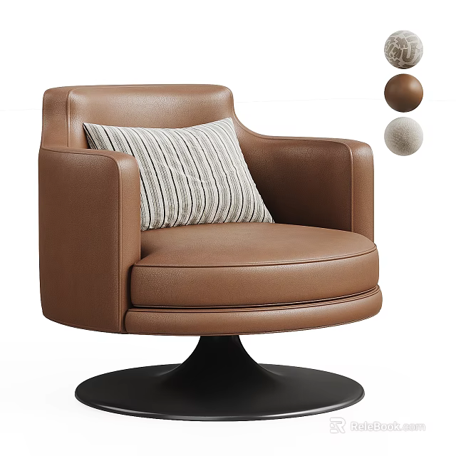 Luxury Brown Leather Swivel Single Sofa With Comfortable Striped Decorative Pillow For Modern Living Space 3d model 