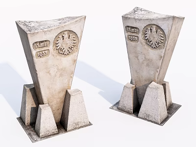 Stone Wood Sculptural Monuments With Engraved Text Eagle Emblem And Conical Bases 3d model
