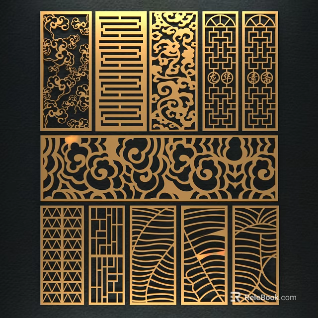 Golden Decorative Room Dividers Featuring Various Traditional Patterns And Modern Design Elements 3d model 