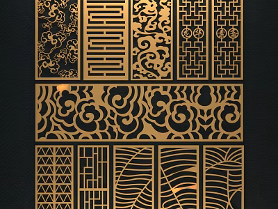 Golden Decorative Room Dividers Featuring Various Traditional Patterns And Modern Design Elements 3d model