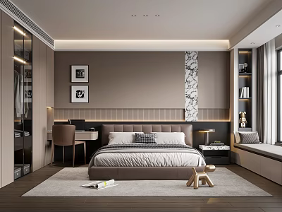 Modern Bedroom Interior with neutral tones wooden flooring two framed artworks bedside tables window seat 3d model