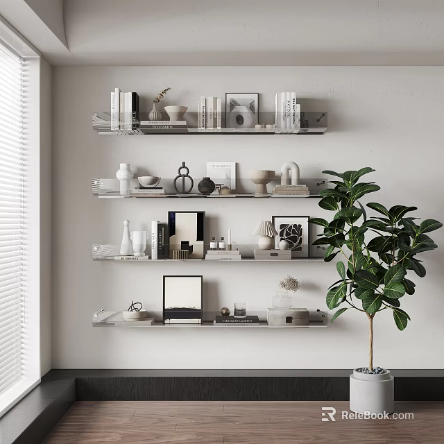 Wall Cabinets With Books Decorations Photo Frames And Green Plant In Modern Interior 3d model 