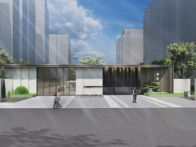 Modern Residential Landscape With Entrance Gate Buildings Green Plants And People Walking 3d model