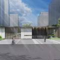 Modern Residential Landscape With Entrance Gate Buildings Green Plants And People Walking