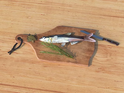 Fresh Fish on Wooden Cutting Board with Knife and Fresh Herbs Ready for Cooking Preparation 3d model