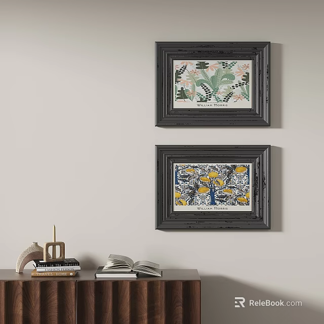 Two Framed Decorative Paintings With Floral Patterns On Wall Above Table With Books And Decor 3d model 