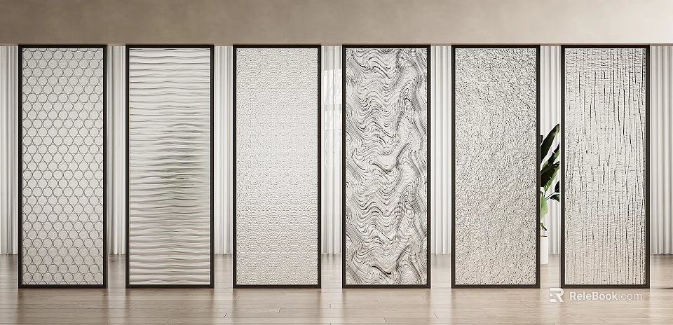 Modern Glass Room Divider With Wavy Frosted Textured Panels For Interior Design 3d model 