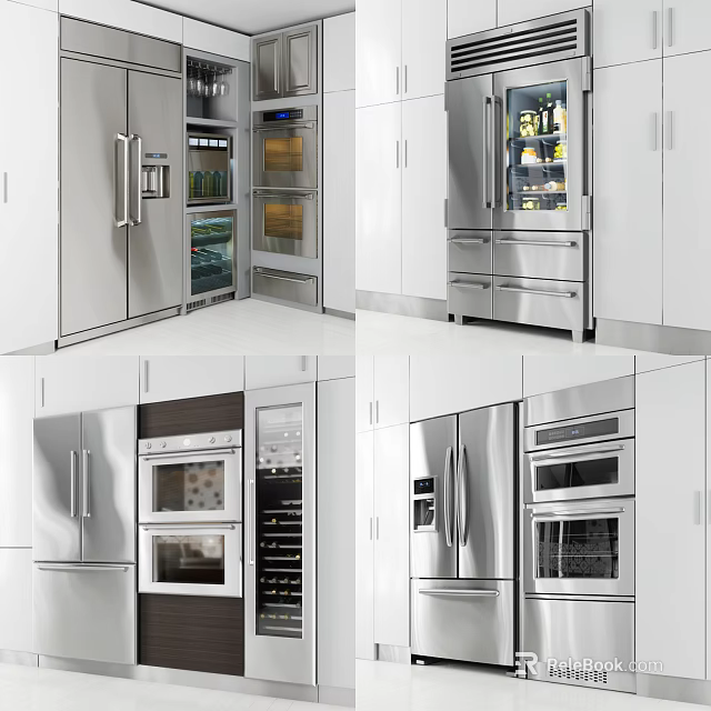 Stainless Steel Kitchen Appliances Including Refrigerator Oven And Wine Cooler In Modern Design 3d model 