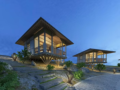Rustic Wooden Hilltop Villas With Open Terraces Illuminated Interiors And Stone Pathways 3d model