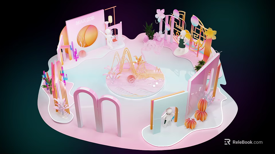 Pink Decorative Display Scene With Curved Designs Flowers And Geometric Shapes 3d model 