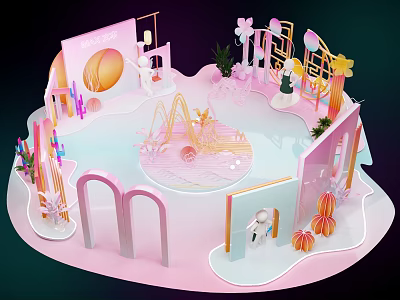 Pink Decorative Display Scene With Curved Designs Flowers And Geometric Shapes 3d model