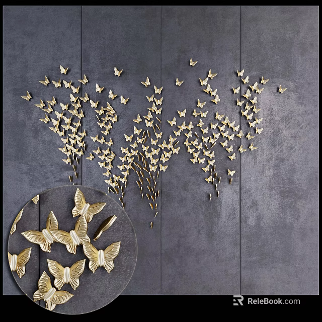 Artistic Gray Background Wall Adorned With Golden Metal Butterfly Decorations 3d model 