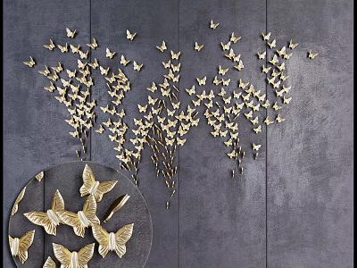 Artistic Gray Background Wall Adorned With Golden Metal Butterfly Decorations 3d model
