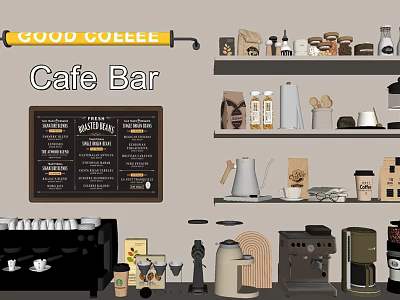 Commercial Coffee Equipment For Cafe Bar With Menu Board And Coffee Supplies 3d model
