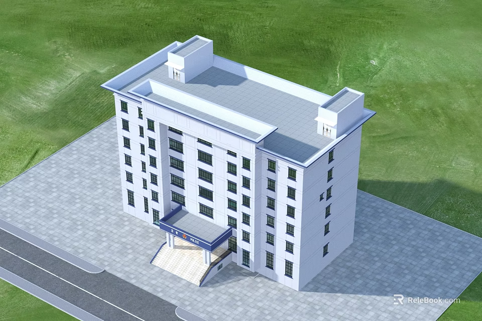 Aerial Planning of White Multi Storey Building With Green Lawn And Paved Ground 3d model 