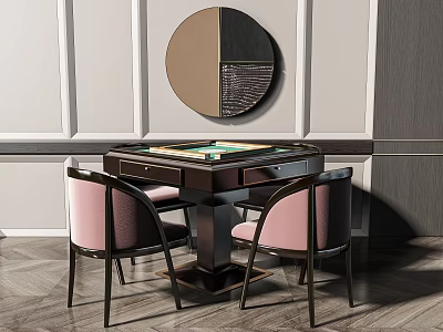 Modern Entertainment Table in Stylish Interior With Pink Chairs Round Mirror And Green Surface 3d model
