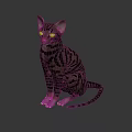 Striped Cat With Bright Green Eyes Sitting On Gray Background In Studio Light