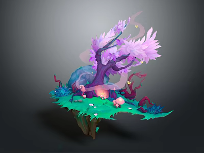 Cartoon Fantasy Scene With Purple Tree Pink Leaves And Glowing Sparkles On Green Floating Platform 3d model