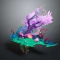 Cartoon Fantasy Scene With Purple Tree Pink Leaves And Glowing Sparkles On Green Floating Platform