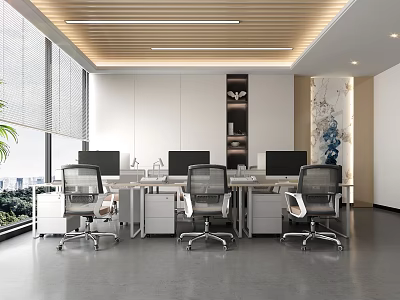 Modern Public Office Space Interior With Desks Computers Office Chairs Windows And Green Plants 3d model