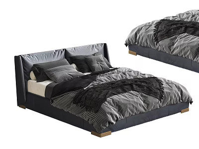 Modern Double Bed With Striped Bedding Grey Pillows And Black Blanket 3d model