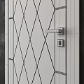 White Hinged Door With Diamond Pattern And Black Handle On Dark Wall 3d model