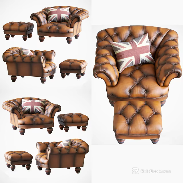 Leather Tufted Armchair with Ottoman Shown in Various Angles for Interior Design 3d model 